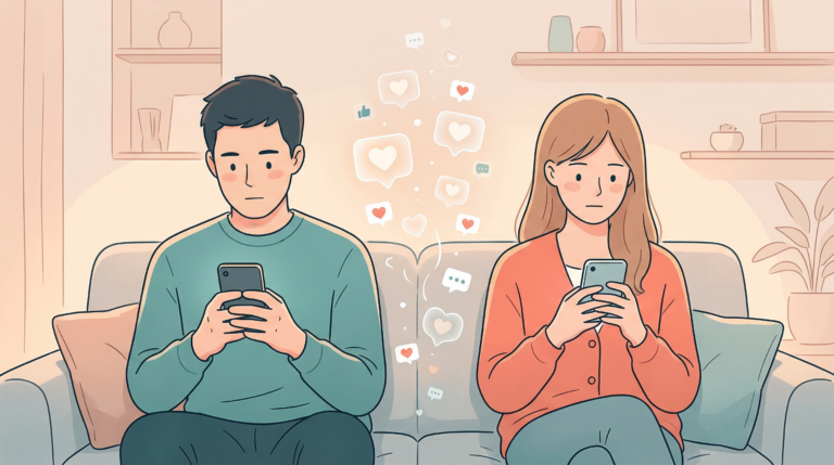 Casal usando celulares representando relacionamentos na era digital e o impacto das redes sociais no amor