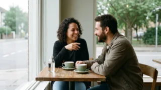 Duas pessoas conversando e sorrindo em um café, representando a construção de relacionamentos saudáveis na atualidade.