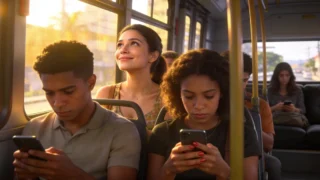 Passageiros de ônibus no celular enquanto mulher olha pela janela, ilustrando o consumo de conteúdo consciente