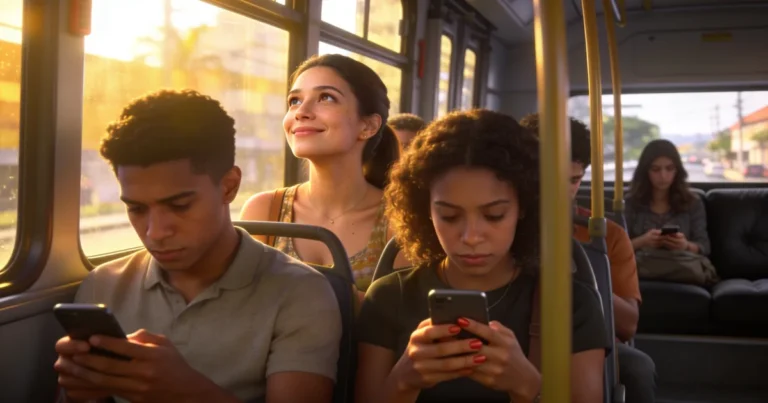 Passageiros de ônibus no celular enquanto mulher olha pela janela, ilustrando o consumo de conteúdo consciente