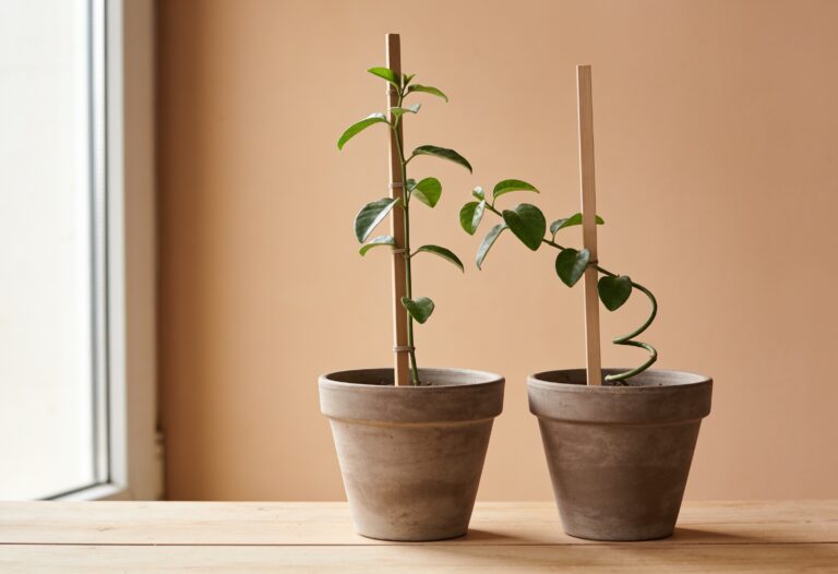 Duas plantas em vasos, uma apoiada inteiramente na outra em vez do próprio tutor, representando dependência emocional
