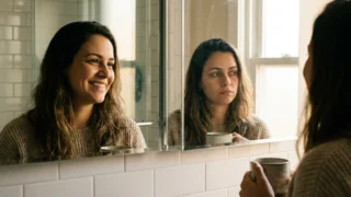 Mulher sorrindo diante do espelho do banheiro enquanto a própria imagem refletida ao lado aparece com o olhar desviado e cansada, imagem sobre falta de autoconhecimento