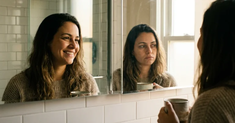 Mulher sorrindo diante do espelho do banheiro enquanto a própria imagem refletida ao lado aparece com o olhar desviado e cansada, imagem sobre falta de autoconhecimento