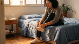 Mulher sentada na beira da cama amarrando o tênis pela manhã, o primeiro passo de uma mudança de comportamento
