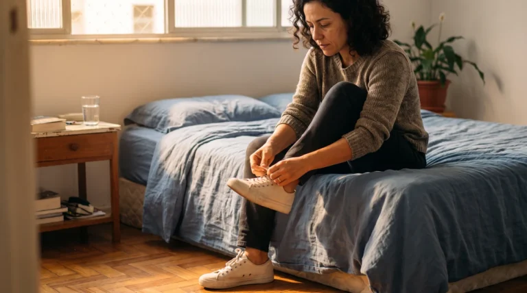Mulher sentada na beira da cama amarrando o tênis pela manhã, o primeiro passo de uma mudança de comportamento