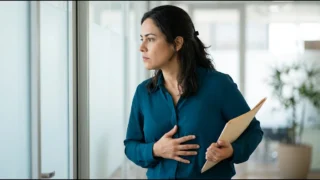 Mulher em pé no corredor de um escritório, com uma pasta na mão e a outra mão apoiada no estômago antes de uma reunião, sinal de dor de estômago emocional