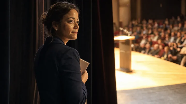 Mulher de blazer azul-marinho nos bastidores de um auditório, segurando anotações junto ao peito, olha para o palco iluminado onde a plateia espera diante do púlpito vazio