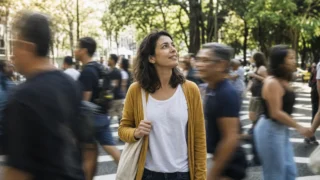 Mulher parada e sorrindo no meio de uma faixa de pedestres enquanto as pessoas passam apressadas ao redor, ilustrando a sensação de estar perdido na vida