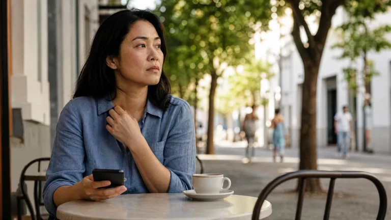 Mulher sentada sozinha numa mesa de café na calçada, com o celular na mão, olha para a rua com expressão apreensiva, à espera de alguém