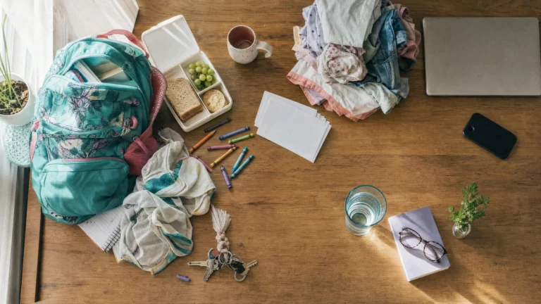 Mesa de cozinha vista de cima, tomada por mochila escolar, giz de cera, lancheira e roupas de criança, com um canto livre ao sol onde ficam um copo d'água, um livro com óculos e um raminho verde: o espaço do autocuidado no meio da rotina