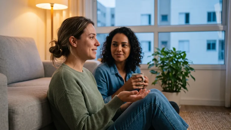 Duas amigas sentadas no chão da sala no começo da noite: uma desabafa com um meio sorriso de alívio enquanto a outra escuta segurando uma caneca