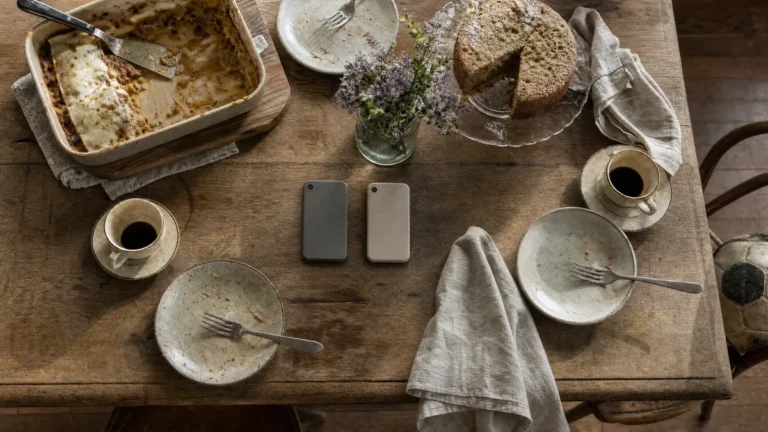 Mesa de almoço de domingo vista de cima, com pratos usados, cafezinhos em lados opostos e dois celulares virados para baixo no centro