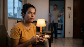 Mulher olha para o lado com expressão de dúvida, segurando o celular onde relia mensagens, enquanto um homem fala ao fundo, desfocado, com gesto de pouco caso; cena que ilustra o gaslighting