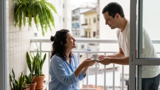 Homem oferece um cafezinho à companheira na varanda do apartamento e ela recebe a xícara com as duas mãos, sorrindo para ele: um gesto de cuidado do dia a dia que ilustra as linguagens do amor
