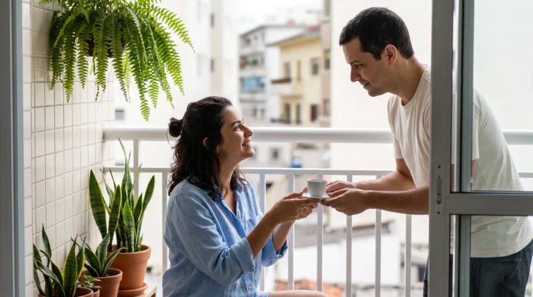 Homem oferece um cafezinho à companheira na varanda do apartamento e ela recebe a xícara com as duas mãos, sorrindo para ele: um gesto de cuidado do dia a dia que ilustra as linguagens do amor