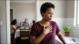 Mulher na cozinha solta o ar devagar com a mão no peito enquanto, ao fundo, a família discute à mesa do almoço